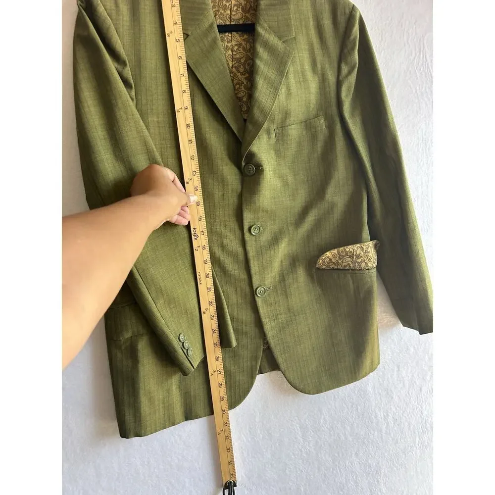 A-Tam Men's Green Striped Tuxedo Blazer S Regular Single-Breasted 3-Button